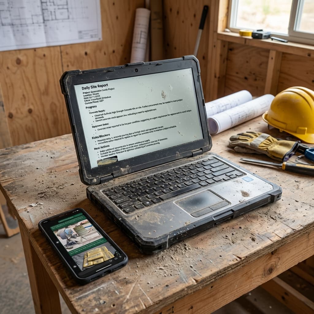 A rugged laptop and phone showing a daily site report on a job-site workbench