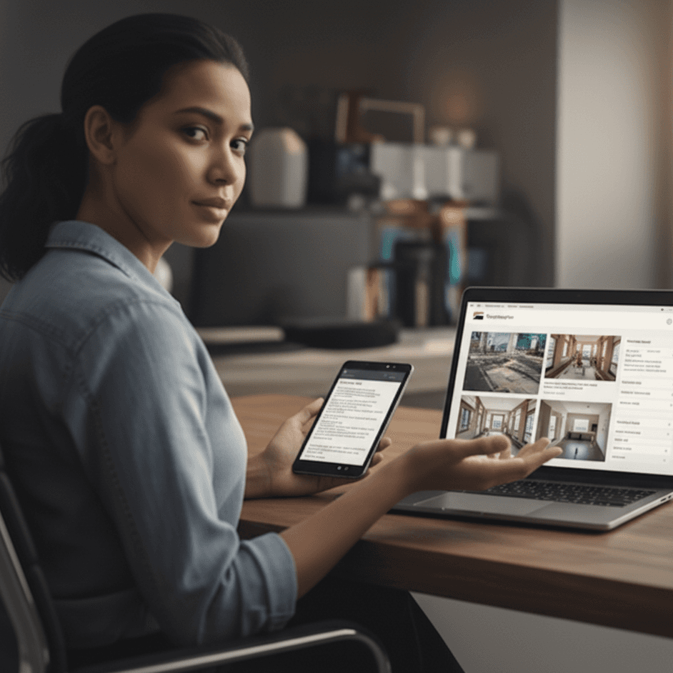 Owner-builder reviewing a build update on phone and laptop